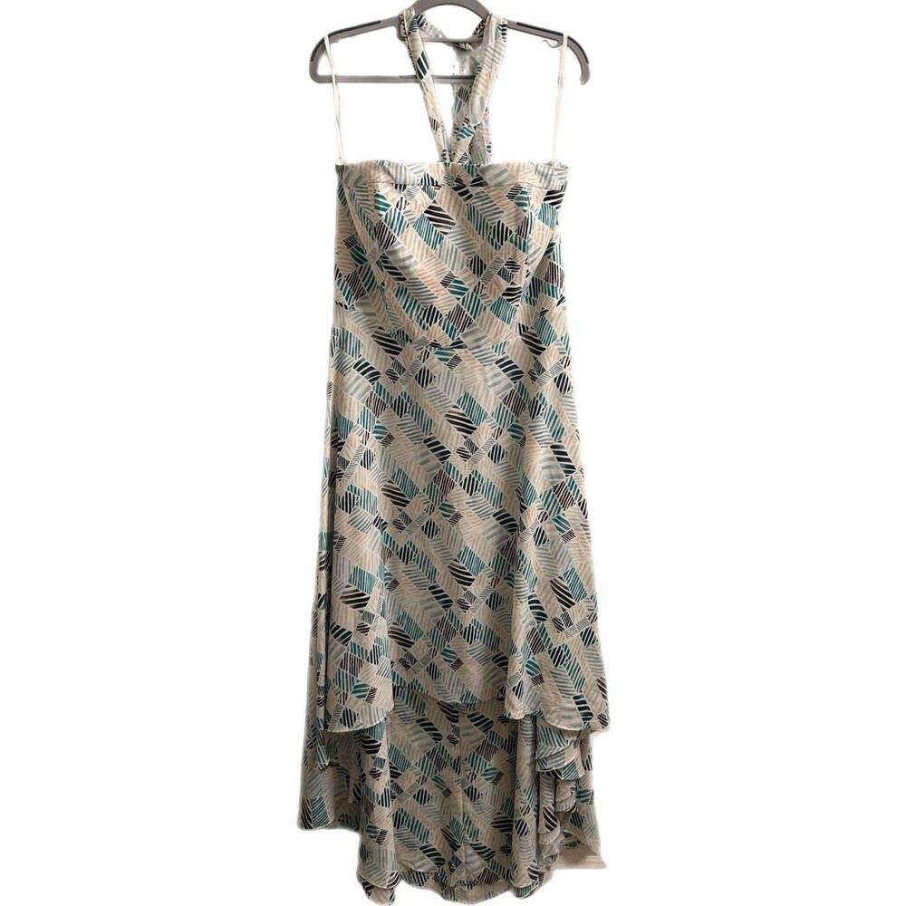 White House Black Market Cream Midi Dress with Teal & Black Leaf Print